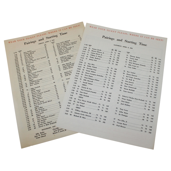 1963 Masters Tournament Friday & Saturday Pairing Sheets - Jacks First Masters Win
