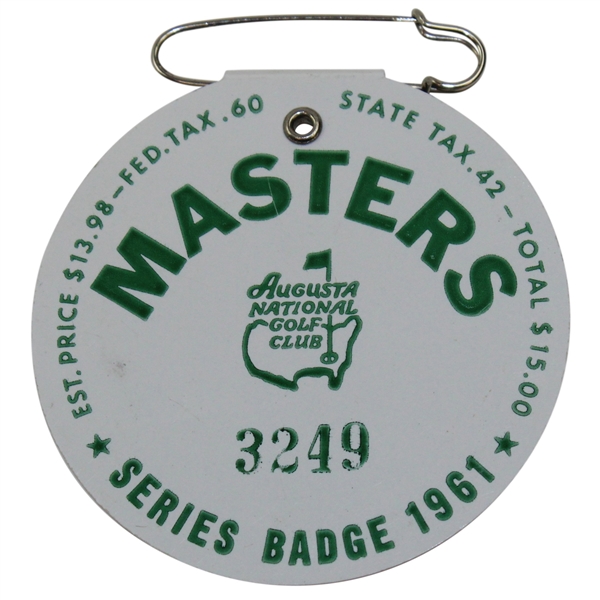 1961 Masters Tournament SERIES Badge #3249 - Gary Player Winner