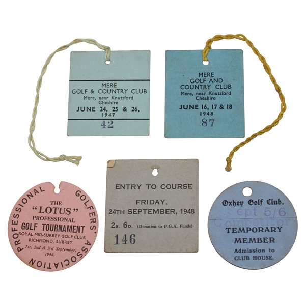 Five (5) Paper Tickets To 1940s U. K. Clubs & Events Including (3) w/Competitor Designation