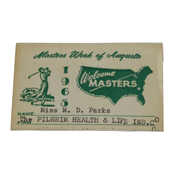1965 Masters Masters Week of Augusta, Inc. Badge - Miss M.D. Parks - Jack Nicklaus Winner