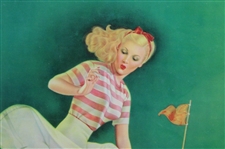 Lady Golfer With Dress Blowing Up Matted And Framed