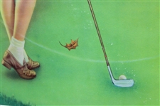 Lady Golfer With Dress Blowing Up Matted And Framed