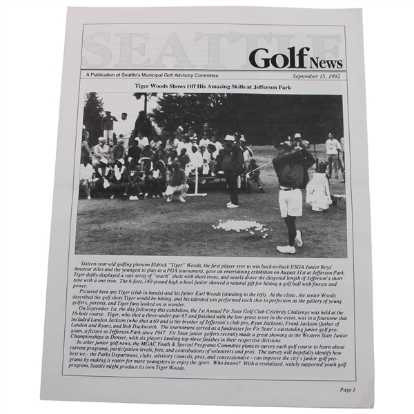 September 15, 1992 Seattle Golf News "Tiger Woods Shows Off His Amazing Skills At Jefferson Park"