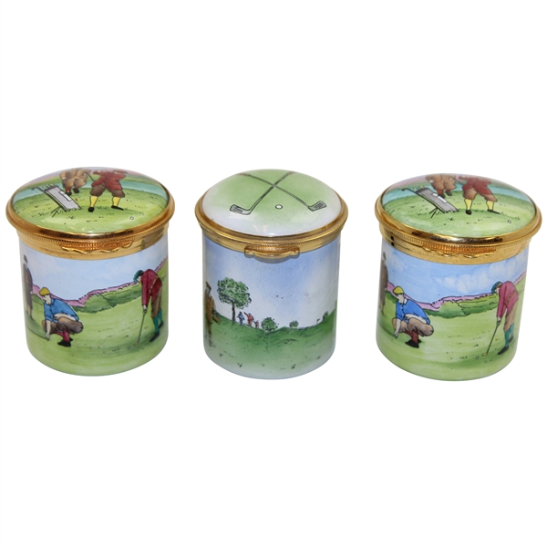 Three (3) Golf Themed Enamel Staffordshire & Worcestershire Stamp Boxes