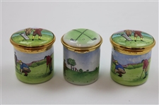 Three (3) Golf Themed Enamel Staffordshire & Worcestershire Stamp Boxes