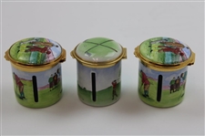 Three (3) Golf Themed Enamel Staffordshire & Worcestershire Stamp Boxes
