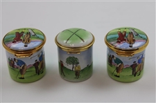 Three (3) Golf Themed Enamel Staffordshire & Worcestershire Stamp Boxes