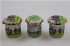 Three (3) Golf Themed Enamel Staffordshire & Worcestershire Stamp Boxes