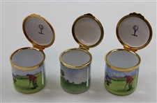Three (3) Golf Themed Enamel Staffordshire & Worcestershire Stamp Boxes