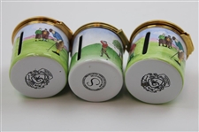 Three (3) Golf Themed Enamel Staffordshire & Worcestershire Stamp Boxes