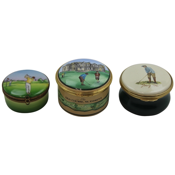 Three (3) Golf Themed Enamel Pointers, Halcyon, Rochard Pill Boxes