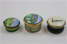 Three (3) Golf Themed Enamel Pointers, Halcyon, Rochard Pill Boxes