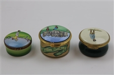 Three (3) Golf Themed Enamel Pointers, Halcyon, Rochard Pill Boxes