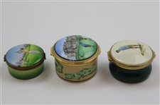 Three (3) Golf Themed Enamel Pointers, Halcyon, Rochard Pill Boxes