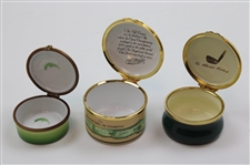 Three (3) Golf Themed Enamel Pointers, Halcyon, Rochard Pill Boxes
