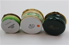 Three (3) Golf Themed Enamel Pointers, Halcyon, Rochard Pill Boxes