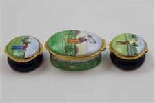 Three (3) Golf Themed Enamel Worcester & Crummles Pill Boxes