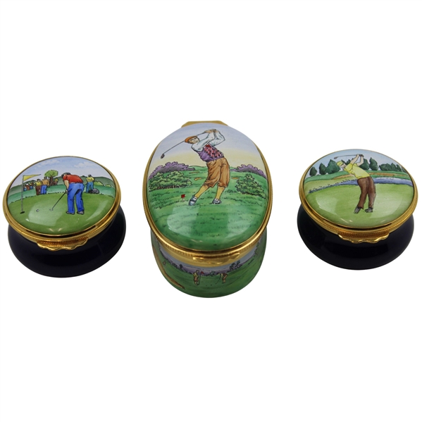 Three (3) Golf Themed Enamel Worcester & Crummles Pill Boxes