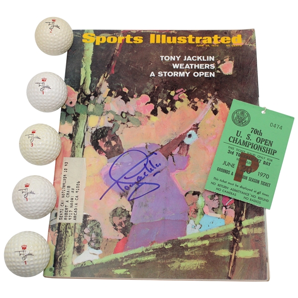 Tony Jacklin Signed Sports Illustrated w/Five (5) Logo Golf Balls & 1970 US Open Ticket JSA ALOA