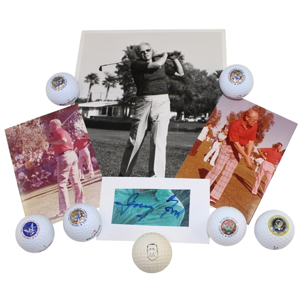 President Jerry Ford Signed Cut w/Three (3) Photos & (7) Various Presidential Logo Golf Balls JSA ALOA