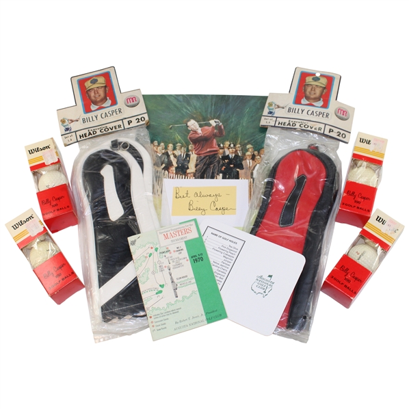 Billy Casper Article, Unused Augusta National Scorecard, 1970 Masters Spectator Guide,(2) Billy Casper Headcovers, Billy Casper Signed Cut & (4) Sleeves Of Billy Casper Signature Golf Balls JSA ALOA