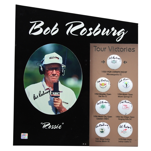 Bob Rosburg Signed Seven (7) Tour Victories Logo Golf Balls w/Signed Photo Custom Display JSA ALOA