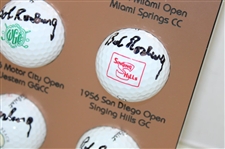 Bob Rosburg Signed Seven (7) Tour Victories Logo Golf Balls w/Signed Photo Custom Display JSA ALOA