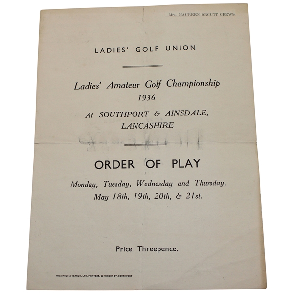 Maureen Orcutts 1936 Ladies Golf Amateur Championship at Southport & Ainsdale Order of Play Booklet