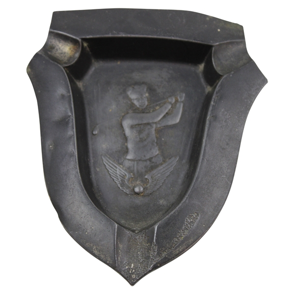 Unusual Triangular Silver Plated Metal Ashtray w/Golfer & Wings in Relief - Made in Occupied Japan