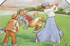 c.1920 Ceramic with Colorful Humorous 'Golf - Full Swing' Golf Scene Plate