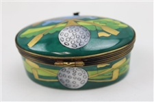 Hand Painted Limoges Porcelain Trinket Box with Crossed Clubs, Tee, Golf Bag, & Golf Flag - 1990's