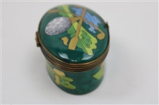 Hand Painted Limoges Porcelain Trinket Box with Crossed Clubs, Tee, Golf Bag, & Golf Flag - 1990's