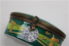 Hand Painted Limoges Porcelain Trinket Box with Crossed Clubs, Tee, Golf Bag, & Golf Flag - 1990's