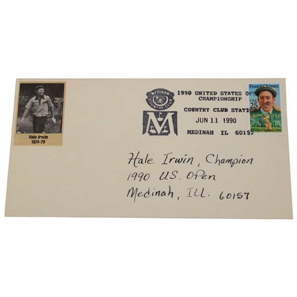1990 U. S. Open at Medinah Cachet w/Francis Ouimet Stamp & Hale Irwin Clipping