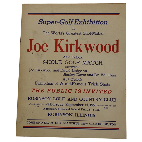 September 14 1950 Joe Kirkwood & David Lodge Vs Stanley Dartz & Ed Greer Super Golf Exhibition Poster