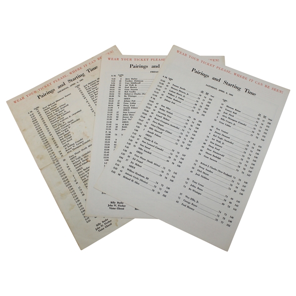 1963 Masters Tournament Thursday, Friday & Saturday Pairing Sheets - Jacks First Masters Win