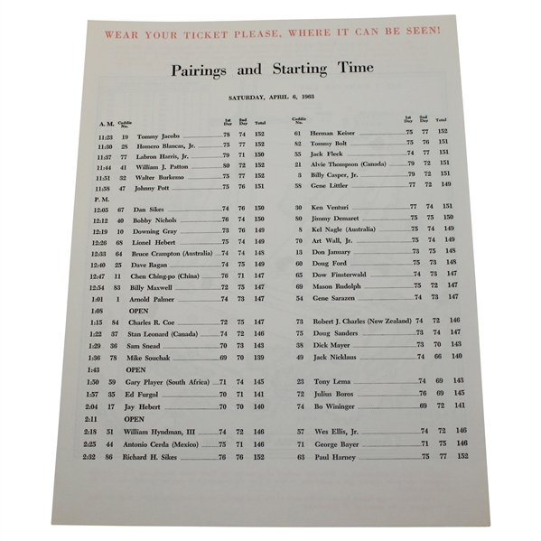 1963 Masters Tournament Saturday 3rd Round Pairing Sheet - Jacks First Masters Win