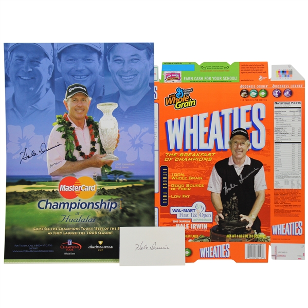 Hale Irwins Signed Wheaties Box, 2008 Hualalai Resort Poster & 3x5 Index Card JSA ALOA