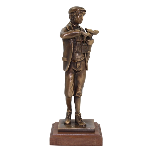 Heavy Bronze Young Golfer With Lantern Statue On Wood Plinth