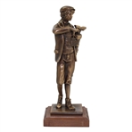 Heavy Bronze Young Golfer With Lantern Statue On Wood Plinth