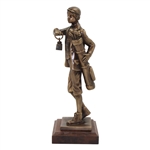 Heavy Bronze Young Golfer With Lantern Statue On Wood Plinth
