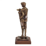 Heavy Bronze Young Golfer With Lantern Statue On Wood Plinth