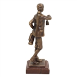 Heavy Bronze Young Golfer With Lantern Statue On Wood Plinth