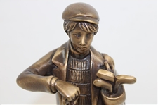Heavy Bronze Young Golfer With Lantern Statue On Wood Plinth