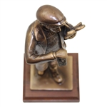 Heavy Bronze Young Golfer With Lantern Statue On Wood Plinth