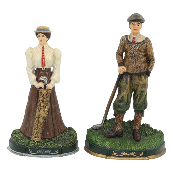 Two (2) Painted Cast Iron Male Golfer & Lady Golfer Doorstops