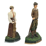 Two (2) Painted Cast Iron Male Golfer & Lady Golfer Doorstops