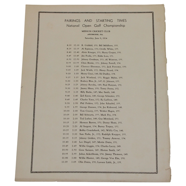 1934 US Open at Merion Saturday Final Round Official Pairing Sheet