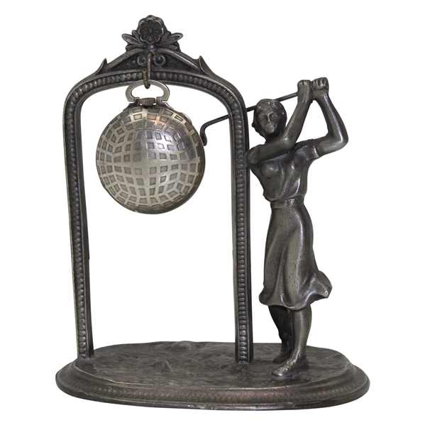 Decorative Pewter Lady Golfer Holder w/Brev Swissmade Mesh Pattern Golf Ball Watch