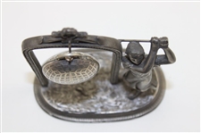 Decorative Pewter Lady Golfer Holder w/Brev Swissmade Mesh Pattern Golf Ball Watch